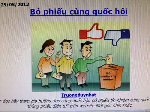 Bỏ phiếu cùng quốc hội (25/5/2013) từ blog "Góc nhìn khác".  Ngày hôm sau, Trương Duy Nhất bị bắt.  